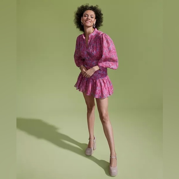 Bardot Nessa Floral-Print Pink Balloon-Sleeve Shirtdress Size 12 - Picture 15 of 16